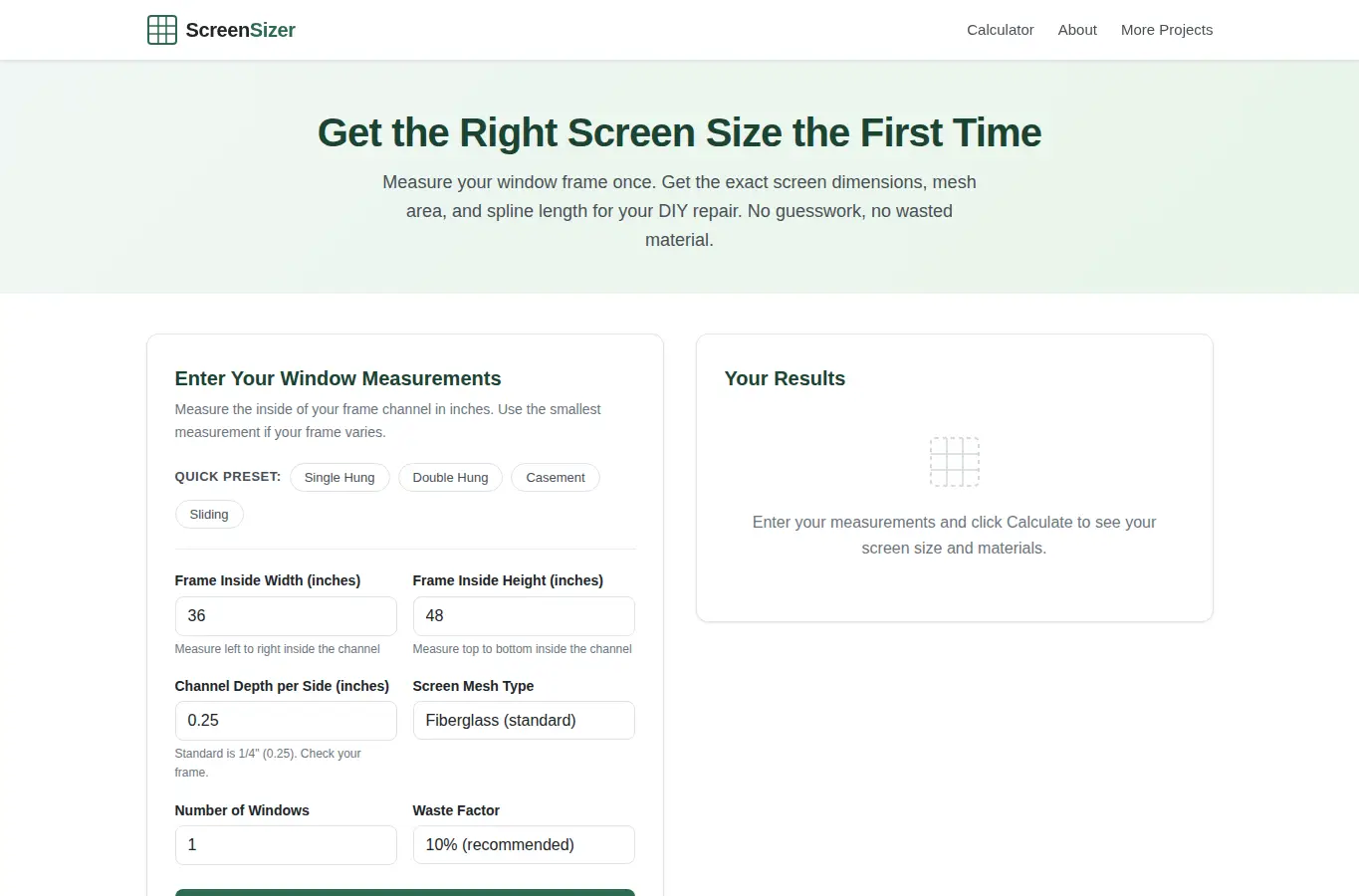 Screenshot of Window Screen Repair Sizer interface showing the project page in use